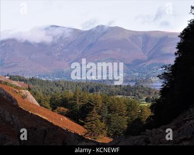 Skiddaw Massif with Derwentwater from Castle Crag, Lake District National Park, Cumbria, United Kingdom Stock Photo