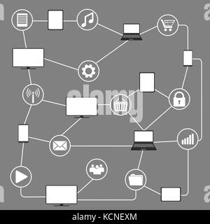 Conceptual picture of connection between gadgets, icons, networks.Flat  Vector illustration Stock Vector