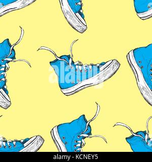 Blue sneakers seamless pattern,hand drawn vector illustration Stock Vector