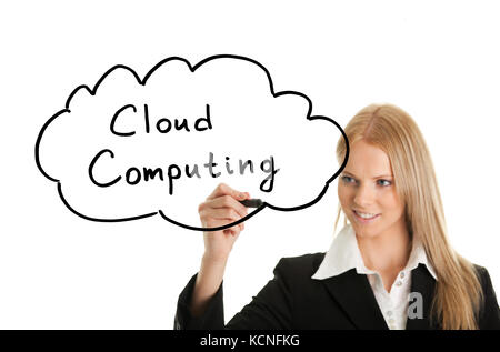 Woman holding pen drawing cloud computing concept on white screen Stock Photo