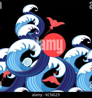 Vector abstract sea background with waves and rays on a dark background Stock Vector