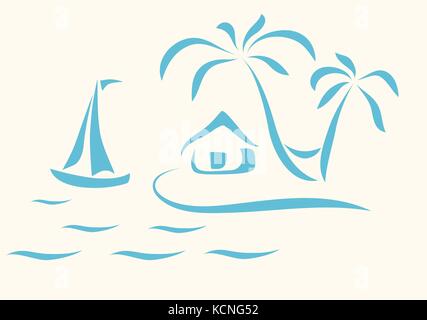 Abstract scene of sea, island, palm trees with hammock and hut on island. Stock Vector