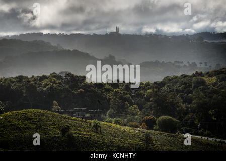 Vinicola Cave de Pedra, church towers of Monte Belo, Vale dos Vinhedos, Grande do Sul, Brazil Stock Photo