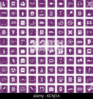 100 college icons set grunge purple Stock Vector