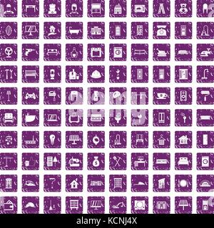 100 comfortable house icons set grunge purple Stock Vector