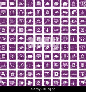 100 communication icons set grunge purple Stock Vector