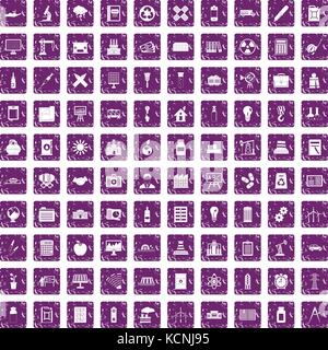 100 company icons set grunge purple Stock Vector