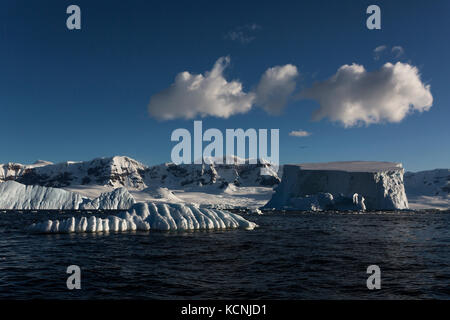 Icebergs float in Fournier Bay off of Anvers Island, Gerlache Strait, Antarctic Peninsula Stock Photo
