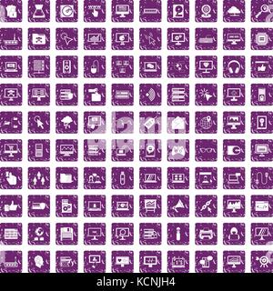 100 computer icons set grunge purple Stock Vector