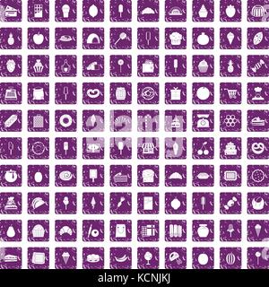 100 confectionery icons set grunge purple Stock Vector