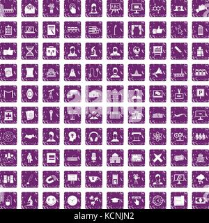 100 conference icons set grunge purple Stock Vector