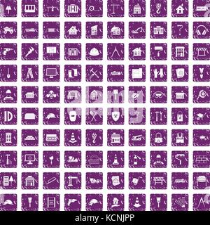100 construction icons set grunge purple Stock Vector