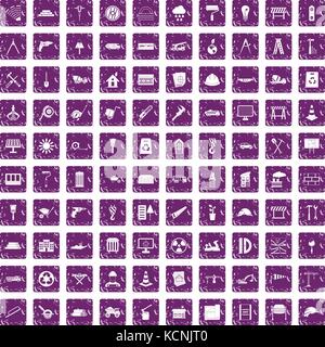 100 construction site icons set grunge purple Stock Vector