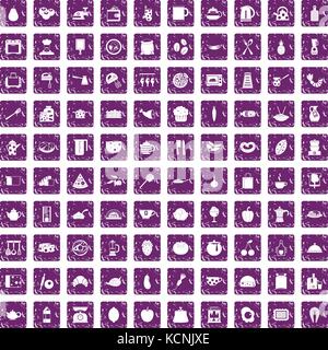 100 cooking icons set grunge purple Stock Vector