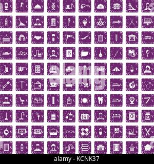 100 craft icons set grunge purple Stock Vector