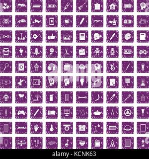 100 creative idea icons set grunge purple Stock Vector