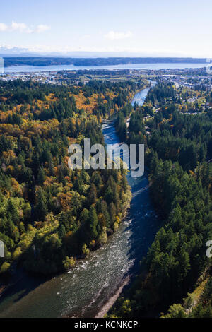 An aerial perspective of the Campbell River flowing out to the estuary and Discovery Passage. Stock Photo