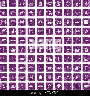 100 crown icons set grunge purple Stock Vector