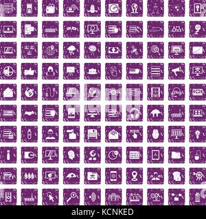 100 cyber security icons set grunge purple Stock Vector