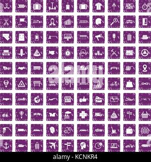 100 delivery icons set grunge purple Stock Vector