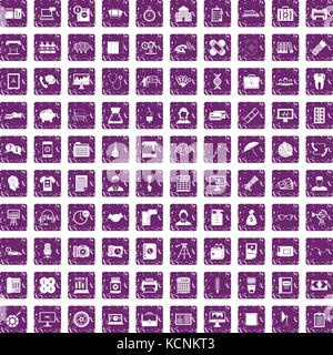 100 department icons set grunge purple Stock Vector