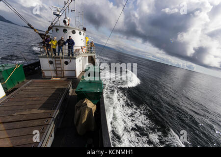 Wheelhouse of the supply boat the Uchuck 111 travelling between Gold River and Friendly Cove along the British Columbia coast, Canada Stock Photo