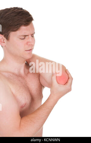 Man With Pain In The Elbow Isolated On White Background Stock Photo