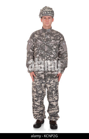 Portrait Of Serious Solider Isolated Over White Background Stock Photo