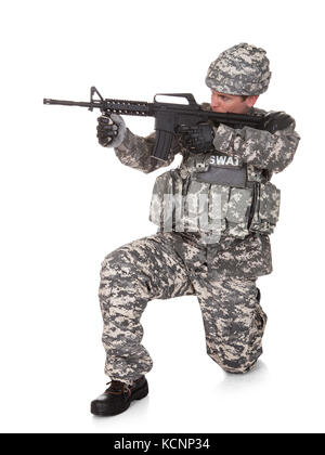 soldier with rifle or sniper over white background Stock Photo - Alamy