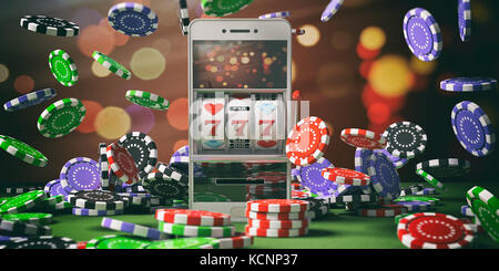 Online gambling concept. Slot machine on a smartphone screen, poker chips and abstract background. 3d illustration Stock Photo