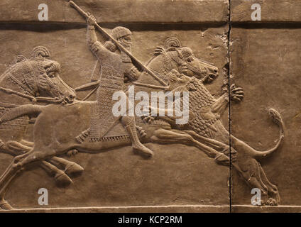 Ashurbanipal hunting lion. Relief. Neo-Assyrians. Palace, Nineveh, Irak. 645-635 BC. British Museum. London. Stock Photo