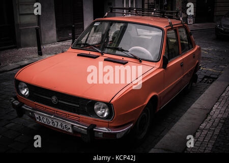 an old skoda car on the streets of prague Stock Photo