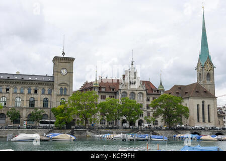 Zurich, Switzerland - 11 July 2017: Limmat River quay with Fraumunster church in the city center of Zurich, Switzerland. Stock Photo