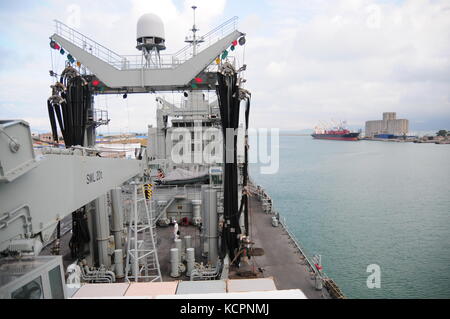 Picture of the new flagship of the 'Sophia' EU mission, the Spanish ship 'Cantabria', taken in the harbour of La Goulette, Tunisia, 05 October 2017. Photo: Simon Kremer/dpa Stock Photo