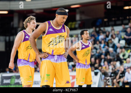 London, UK. 06th Oct, 2017. BBL: London Lions vs Manchester Giants at The Copper Box Arena London Lions vs Manchester Giants where the Lions won 115 vs 74. London Lions players Guard Jonathan James (04), Guard Moritz Lanegger (08) and Guard Justin Robinson (10) during play. (c) Credit: pmgimaging/Alamy Live News Stock Photo