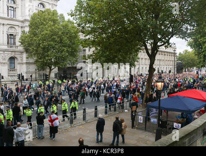 London, UK. 7th Oct, 2017. Thousands of supporters representing various English football clubs march through central London to Westminster in solidarity against extremism. The march has been organised by the FLA (Football Lads' Alliance), which was formed in the wake of the Manchester bombings and the London Bridge terror attack on June 3 Credit: amer ghazzal/Alamy Live News