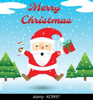 Merry Christmas, Red Chubby Santa Claus Is Holding A Candy Cane And A Gift Box And Jumping Happily Among Snow On Blue Background And Christmas Trees Stock Vector