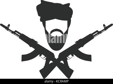 Man in turban two crossed AK-47, terroristm symbol Stock Vector