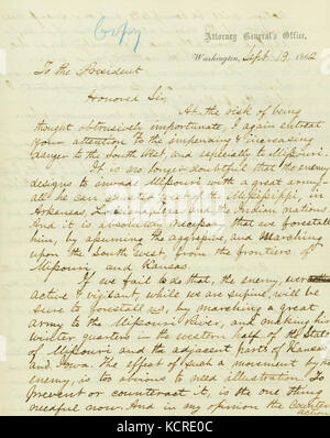 Contemporary copy of a letter signed Edw. Bates (Edward Bates), Attorney General's Office, Washington, to the President (Abraham Lincoln), September 19, 1862 Stock Photo