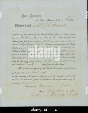 Certificate of exchange for prisoner A.C. Howard, signed John A. Gruley, A.D.C., November 15, 1861 Stock Photo