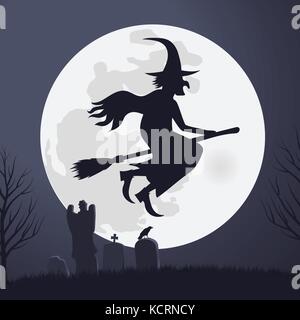 Halloween Scary Witch Flying On A Broomstick in the light of the full moon Stock Vector