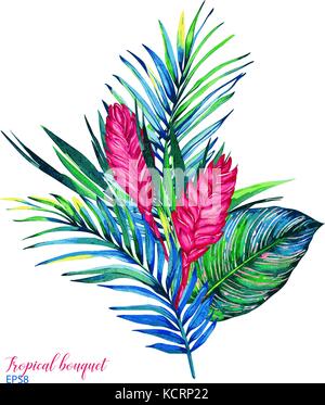 Tropical bouquet. Exotic flowers of bromelia, rain forest palm and calathea leaves.  Handmade watercolor vector, isolated on white background. Floral Stock Vector