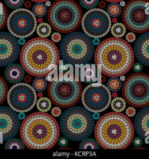 Embroidery Seamless Pattern Ornament with Colored Circles on a Black Background. Vector Illustration Stock Vector