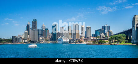 Australia, New South Wales, Sydney, view of Sydney Cove, cruise ship Pacific Jewel and the CBD skyline from Sydney Harbour