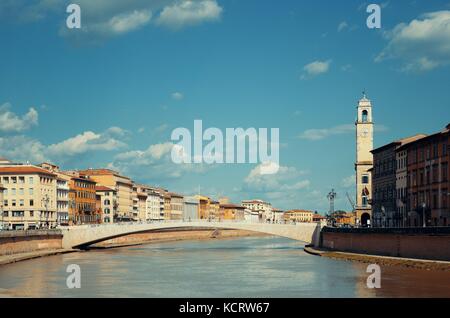 Pisa city over river and Ponte di Mezzo bell tower in Italy Stock Photo