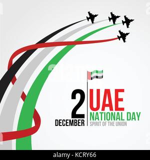 United Arab Emirates national day background design with colorful smoke from jet plane. UAE holiday celebration background. Spirit of the union concep Stock Vector