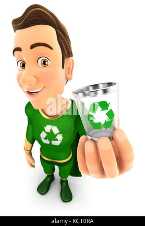 3d green hero holding trash can icon, illustration with isolated white background Stock Photo