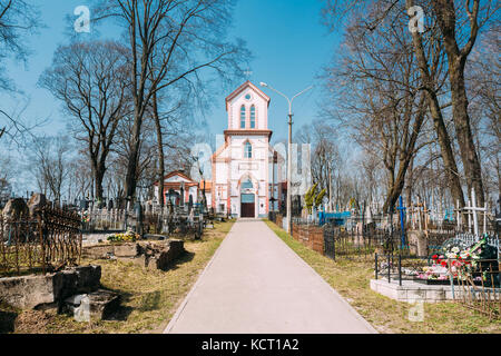 Minsk, Belarus. Church of the Exaltation of the Holy Cross - a Catholic church in Minsk, located on Kalvaryja, so also known as 'Calvary Church'. Calv Stock Photo