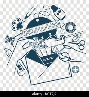 concept of creating postcard, handmade, in the form of hands with an adhesive gun and materials for a postcard.  black and white Icon, silhouette Stock Vector