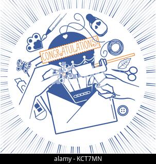 concept of creating postcard, handmade, in the form of hands with an adhesive gun and materials for a postcard. Icon in the linear style Stock Vector
